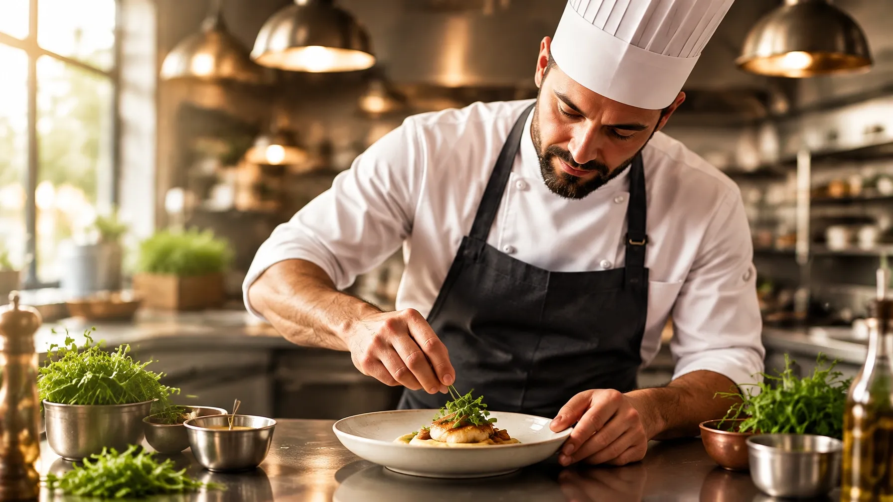 Chef carefully plating a dish in a professional kitchen