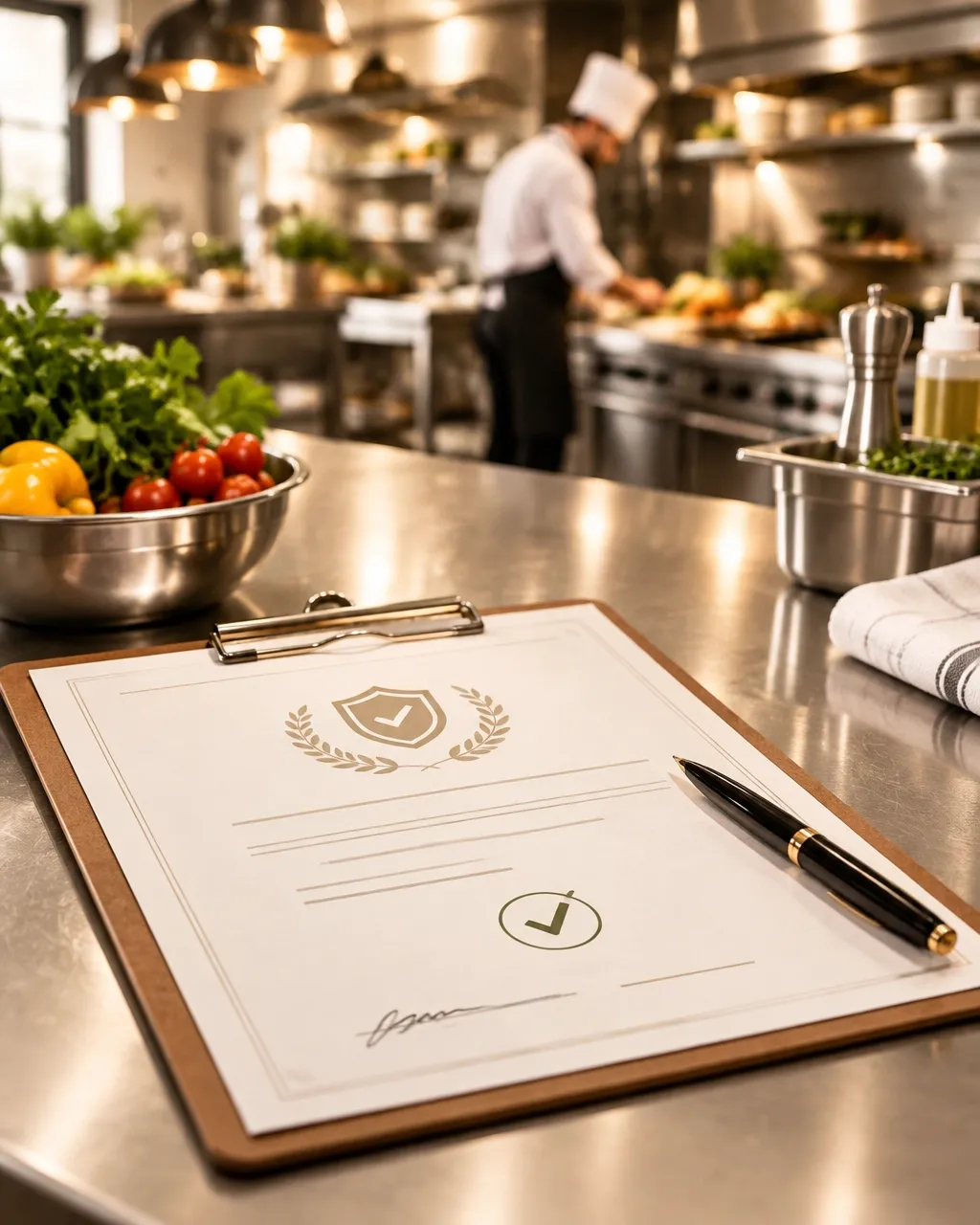 Food safety certification paperwork on a clean kitchen surface