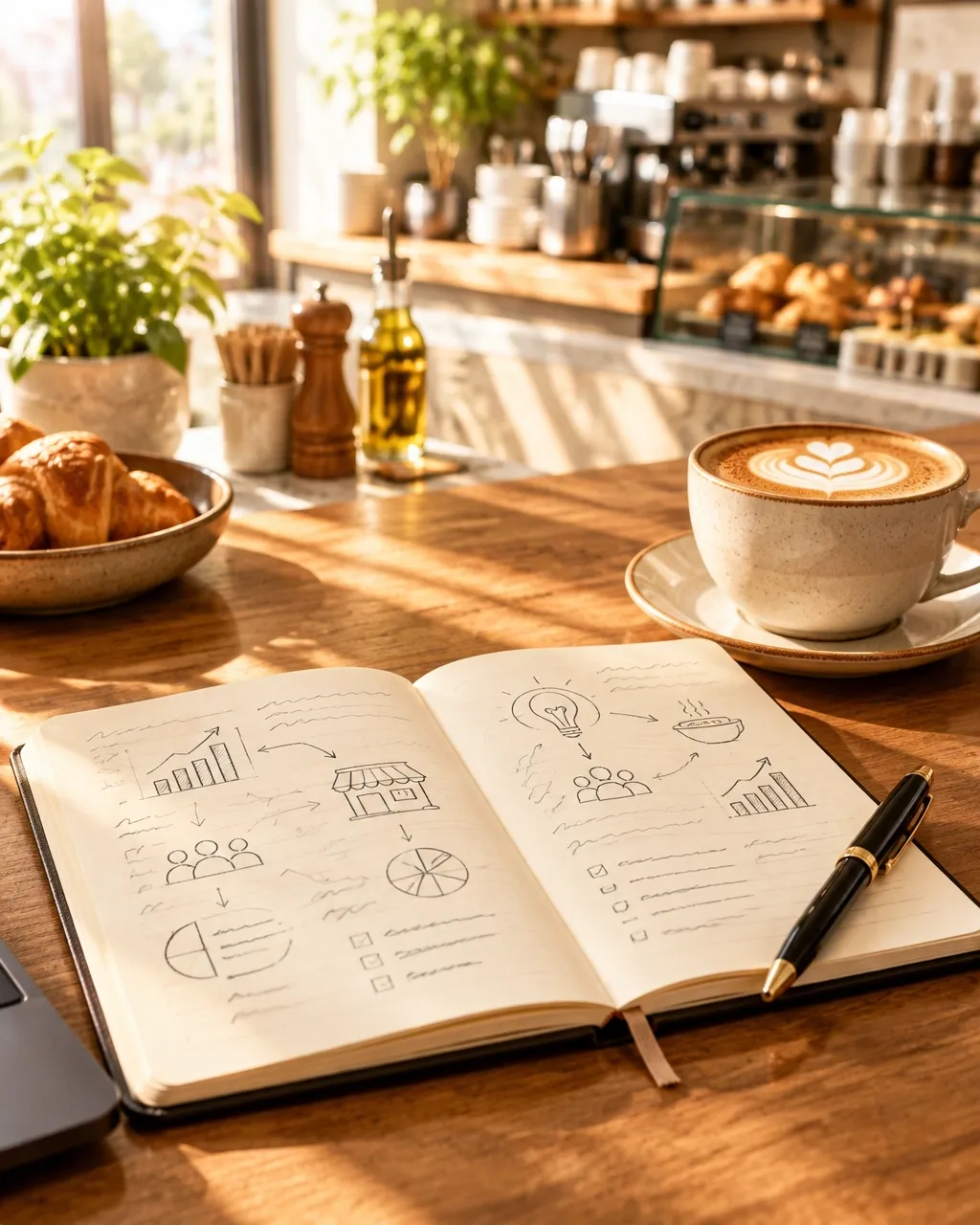 Cafe business plan and coffee on a table